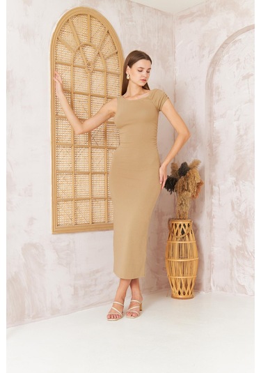 Kadın Kısa Kollu Tek Omuz Kaşkorse Bej Elbise Dm1051 Bej