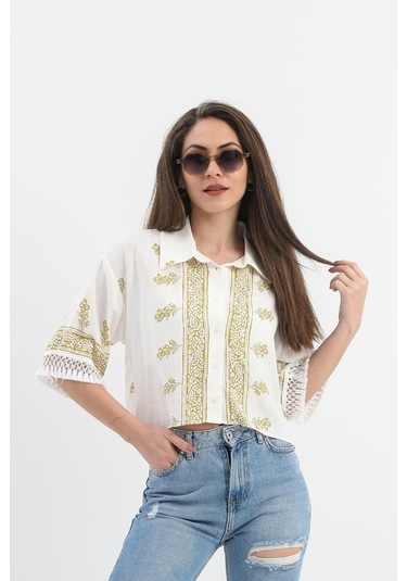 Antik Desenli Kolları Püsküllü Gömlek - Haki-haki Haki