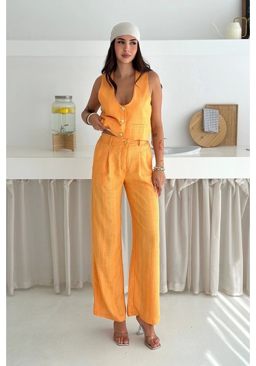 Çizgili Kumaş Yelek Takım Turuncu Turuncu