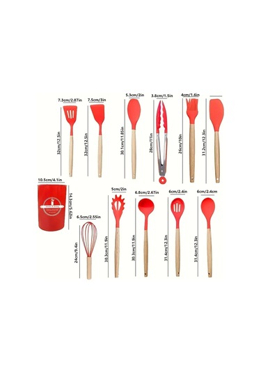Tilbe Home 12'li Silikon Kevgir Kepçe Kaşık Fırça Spatula Çırpıcı Maşa Servis Seti Bambu Kırmızı Mut
