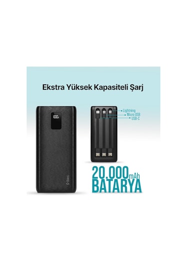 Ttec Powerslim Trio LCD 20.000 MAh PD 22.5 W Dahili Kablolu Taşınabilir Powerbank