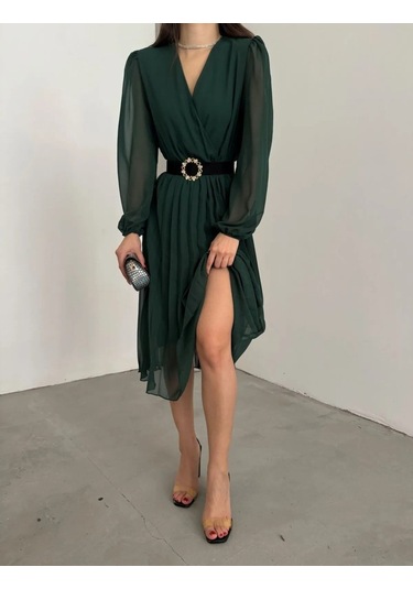 Tua Moda Kadın Şifon Kumaş Astalı Kloş Kesim Kruvaze Yaka Midi Boy Elbise Zümrüt Yeşili