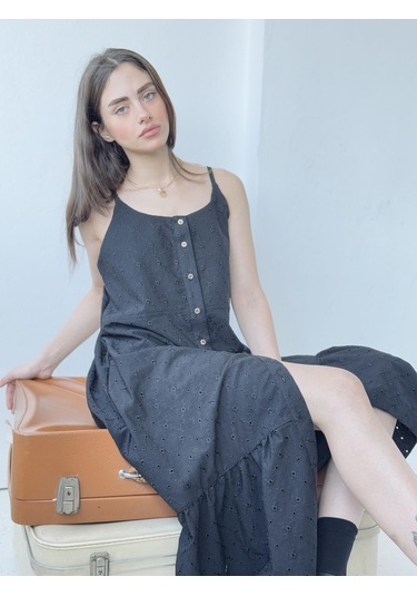 Retrobird Adel Askılı Brode Elbise Kadın Siyah-13847 Siyah