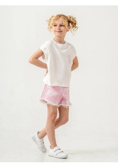 Kız Çocuk Batik Desenli Şortlu Takım-15885 Ekru
