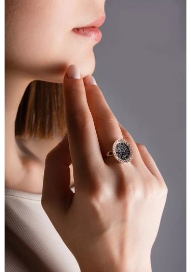 Lamponi Yuvarlak Siyah Taşlı 925 Ayar Altın Kaplama Halka 206255016 Altın