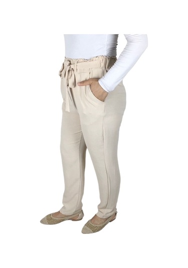 Kadın Beli Lastikli Kuşaklı Cepli Dar Paça Ayrobin Pantolon Krem