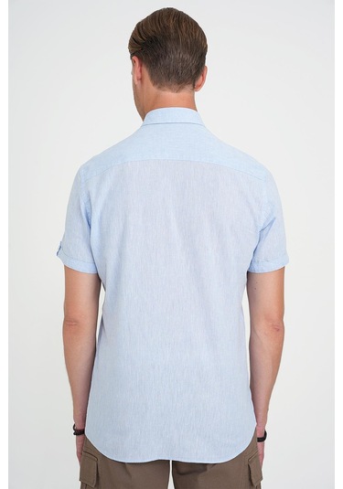 Comfort Fit Düğme Yaka Kısa Kol %100 Keten Düz Mavi Gömlek G 1596 Mavi