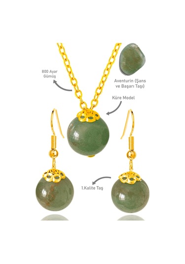 Sertifikalı Gold Küre Yeşim Taşı Kolye Ve Küpe Seti - Gümüş Apara Çok Renkli
