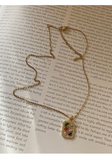 Renkli Taşlı Kare Çelik Kararmaz Gold Kolye Altın