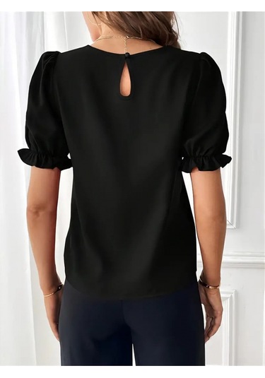 Kadın Kısa Kollu Bisiklet Yaka Kolları Gipeli Ithal Krep Bluz Siyah