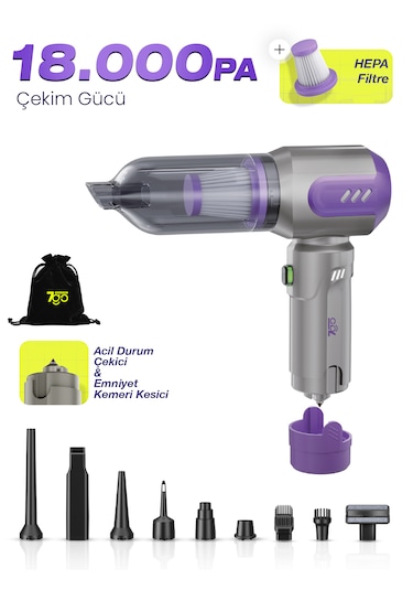 7go Ahv-14 2'si 1 Arada Kablosuz Araç İçi Süpürge Mor 18000pa Güçlü Vakum + Üfleme Cam Kırıcı & Mor