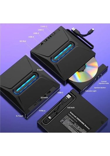 Valkyrie Usb 3.0 Harici External Cd Dvd Okuyucu Yazıcı Led Usb Hub Tf Sd Kart Okuyucu Çoğaltıcı