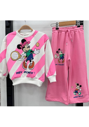 LolliboomkidsYeni Sezon Kız Çocuk Tenisçi Mickey Temalı 3 İplik Sweaat Bol Paça Eşofman Takımı Pembe