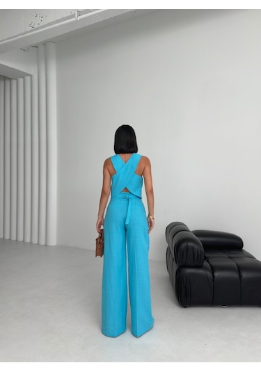 Keten Sirti Çapraz Geçi Şli Cepken Pantolon Takim Mavi