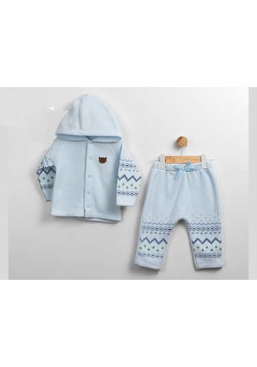 Desenli Kapüşonlu Çıtçıtlı Welsoft İkili Alt Üst Takım Mavi