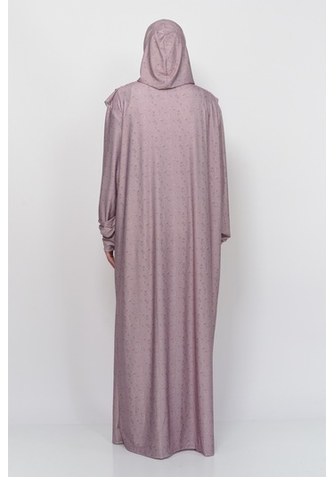 Pratik Tek Parça Çiçek Desenli Kollu Tak Çıkar Başörtülü Likralı Tesettür Namaz Elbisesi 990-0201 Bej Antrasit