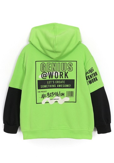 Ön Ve Arkası Baskılı Cepli Erkek Çocuk Kapüşonlu Hırka Yeşil 1989 Yeşil