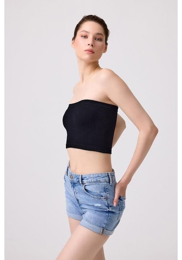 Cottonhill Premium - Kadın Siyah Seamless Straplez Crop Top Büstiyer Siyah