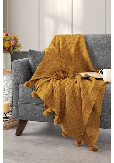 Ponponlu Triko Örme Tv Battaniyesi Koltuk & Omuz Şalı & Diz Battaniyesi 130x170cm - Hardal Hardal