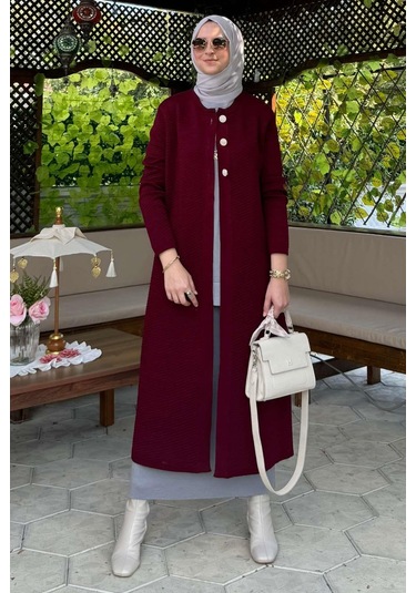 Sinem Çelik Örme Triko Hırka Bordo Çok Renkli