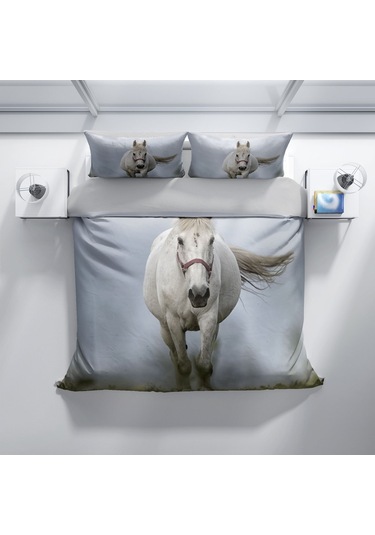 Cattleya Horse 3D Pamuk Saten Çift Kişilik Nevresim Takımı Çok Renkli