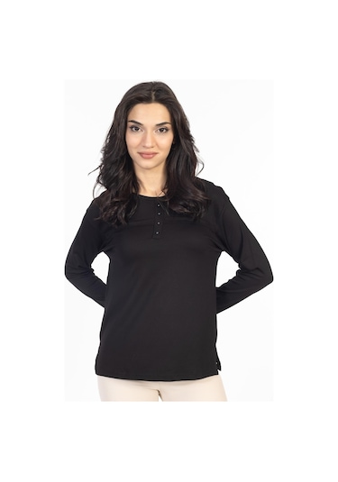 Yeni Sezon 2024 Sade Desen Yuvarlak Yaka Likralı Anne Penye Bluz 6484-siyah Siyah