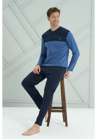 Erkek Interlok Penye Uzun Kol Pijama Takımı 2213 Saks Saks Mavi