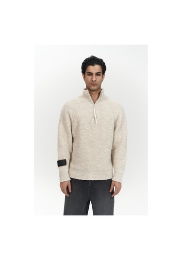 Zane Fermuar Detay Bej Erkek Triko Kazak Bej