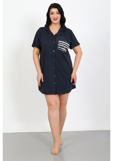 Akbeniz Büyük Beden Penye Düğmeli Lacivert Tunik Gecelik 1025 Lacivert
