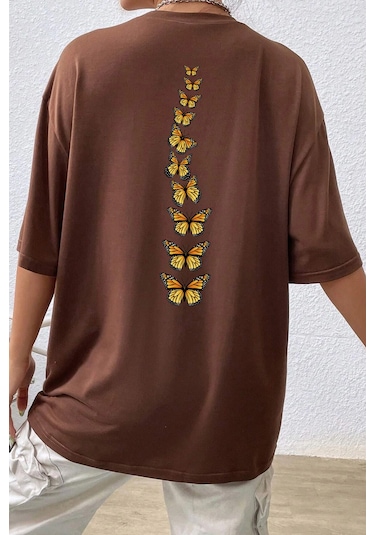 Unisex Sırt Kral Kelebek Baskılı T-shirt Kahverengi