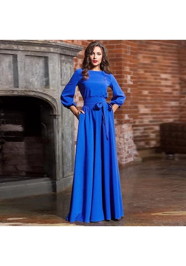Kadın Yaz Casual Parti Elbise Kol Katı Uzun Elbiseler Kemerli Mavi