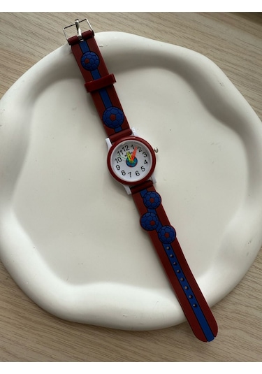 Çocuk Kol Saati Bordo Mavi Top Desenli Gümüş