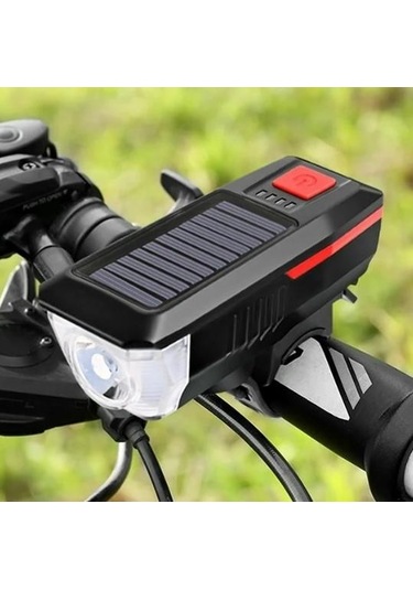 Güneş Enerjili Usb Şarjlı Bisiklet Lambası Solar Fener Ön Far Işık Aydınlatma Kornalı Kırmızı