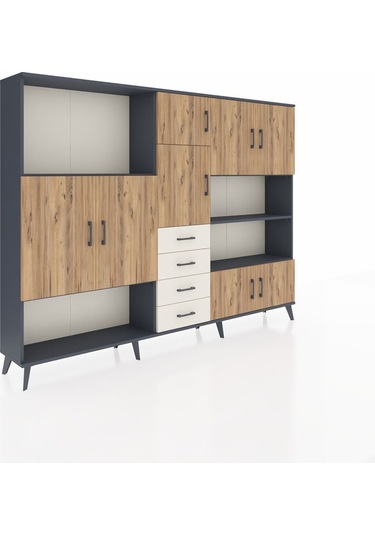 Arges Dolap 9 Raflı 4 Çekmeceli 8 Kapaklı 220x30x163 Antrasit-çam Antrasit-çam/aytaşı