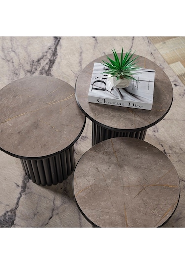 Kagu Boston Mdf 3'lü Sehpa Yuvarlak Ahşap Ve Metal Ayak