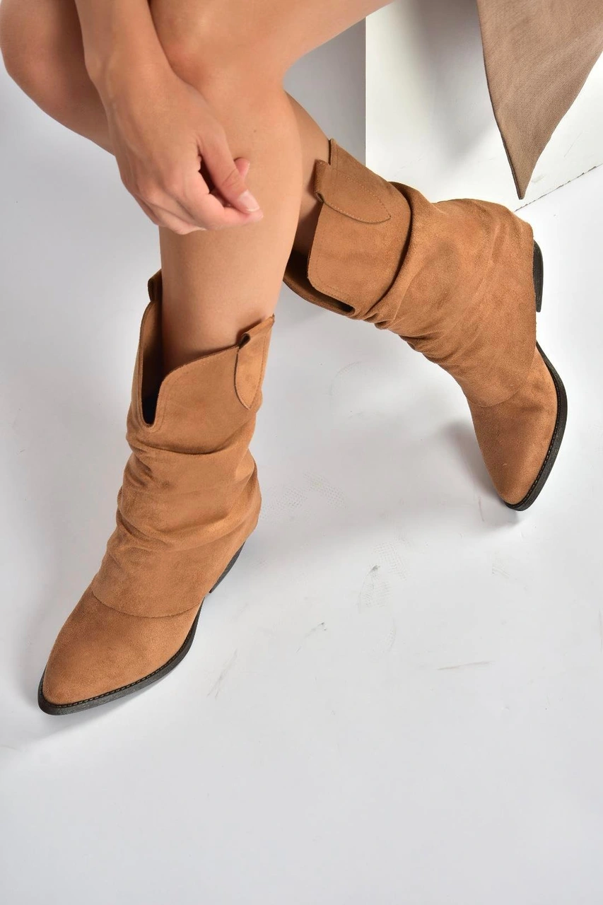 V404041002 Taba Süet Kalın Topuklu Kadın Bot Taba-Süet