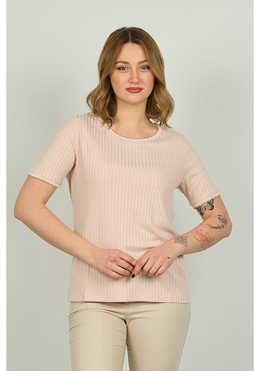 Ella Camelia Kadın Çizgili Bisiklet Yaka Kısa Kol Bluz 1e027 Pudra