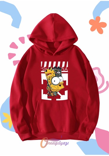 Çocuk Unisex Simpson Baskılı Oversize Kapüşönlü Sweatshirt Kırmızı