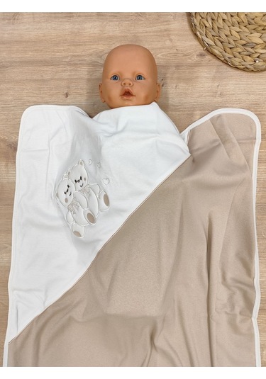 %100 Pamuklu & Mevsimlik Bebek Battaniyesi - Kahverengi & Ayıcık Nakışlı Bebek Örtüsü 80x90 Cm Kahverengi