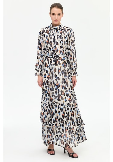 Leke Desenli Empirime Elbise Ekru Ekru