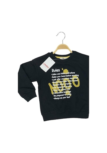 Çikoby Erkek Çocuk Pamuklu İnce Uzun Kollu Rules Tshirt-13798-siyah Siyah