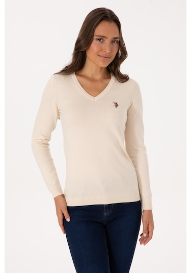 U.S. Polo Assn. Kadın Krem V Yaka Basic Kazak 50307727-VR256
