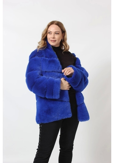Moda Berray 3258 Kadın Fermuarlı Dık Yakalı Lüks Suni Kürk Kaban Saks