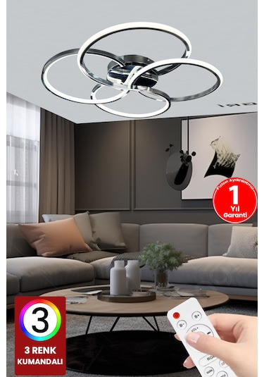 Fuzon 3 Renk Plafonyer Kumandalı Krom Kasa Led Avize Modern Lavinia Led Gümüş