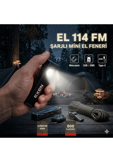 Exen El 114 Fm - 3.7v 1.2ah 500 Lümen Şarjlı Mini Tip El Feneri