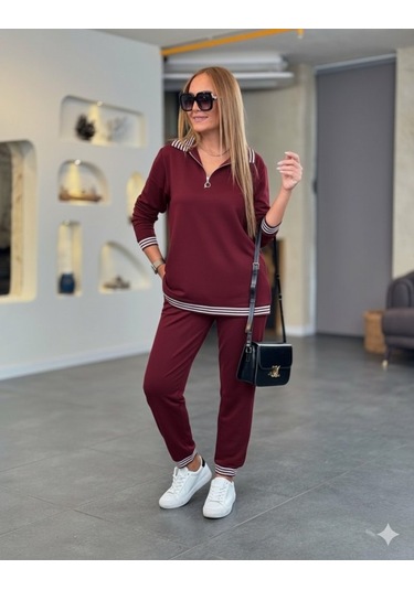 Tua Moda Kadın Uzun Kollu Fermuarlı Şerit Detay Desenli Alt Üst Ikili Viskon Iki Iplik Takım Bordo