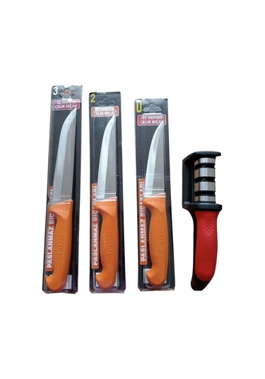 Gold Serisi 1-2-3 Numara Bıçak Kurban Bıçağı Seti & Bileme Aleti 3 Ağızlı Turuncu