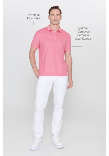 Ac&Co / Altınyıldız Classics 4A4820200047Fub3 Düğmeli Polo Yaka Cepsiz Slim Fit Erkek Tişört Fuşya - Beyaz Beyaz - Pembe