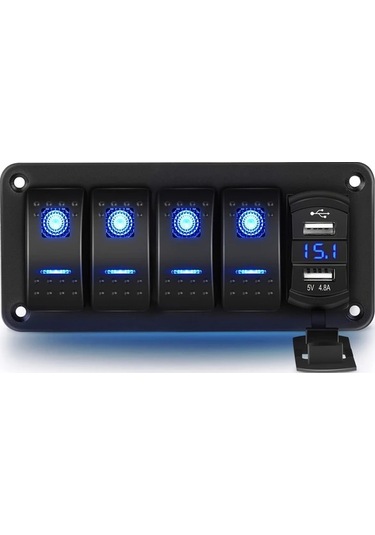 Xuweiwei 4 Gang Rocker Anahtar Paneli Blue 4.8 Amper Cift Usb Sarj Volmetre 12v 24v Dc Gece Parlayan Sticker
