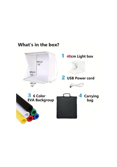 Katlanır Işıklı Fotoğraf Stüdyosu 40x40 Cm 6 Renk Fonlu Ürün Çekimi İçin Uygun Fotoğraf Çekim Kutusu Çok Renkli